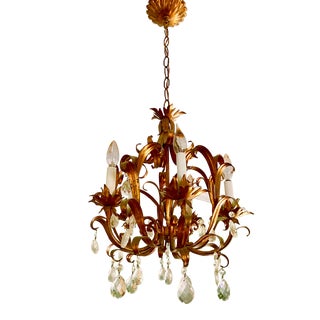 Mid 20th Century Petite Antique Gold Leaf and Crystal Chandelier For Sale