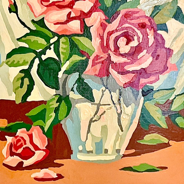 1960s Mid-Century Boho Chic Still Life Roses, Oil Painting - A Pair For Sale - Image 4 of 10