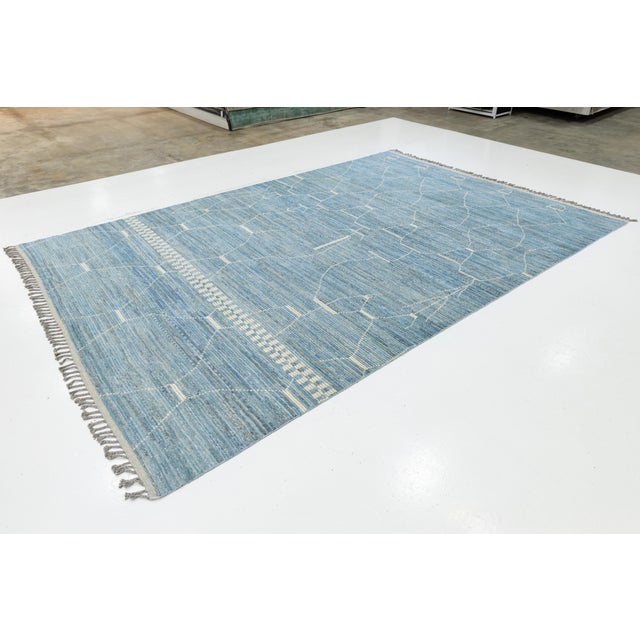 Moroccan Modern Abstract Moroccan Style Wool Rug in Azure Blue and White, Hand-Knotted For Sale - Image 3 of 11