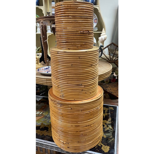 Just in this Vintage Italian Pencil bamboo set of 3 nesting baskets in the style of Gabriella Crespi.. They are stamped at...