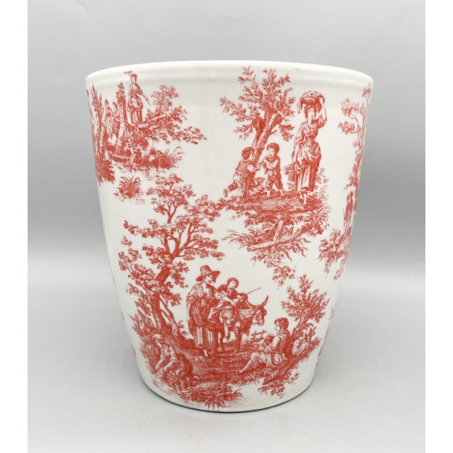 Vintage Red Transfer Ware Ceramic Cachepot Planter - European Pastoral Scene, Cottagecore, Grandmillennial For Sale In Houston - Image 6 of 13