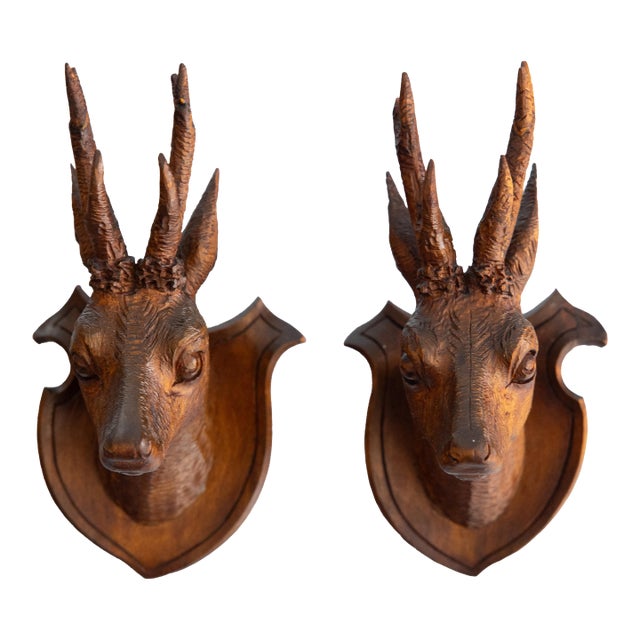 Pair of Antique Black Forest Carved Deer Head Trophy Plaques, Circa 1900 For Sale