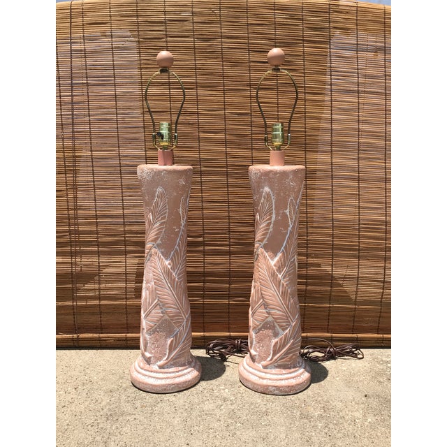 Terra Cota Banana Leaf Table Lamps - a Pair For Sale