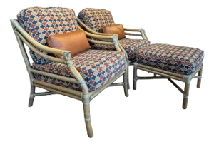 McGuire Bamboo Lounge Chairs With Ottoman – Reupholstered