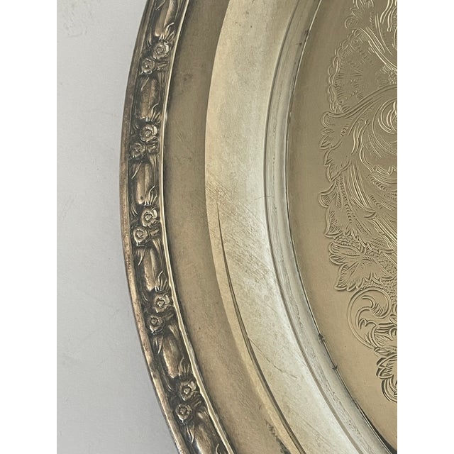 Metal 1940s 15” Round Silverplate Ornate Platter Salver For Sale - Image 7 of 7