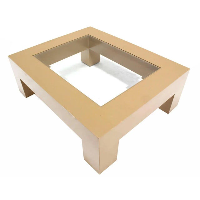 Mid 20th Century Geometrical Rectangular Beige Lacquer Base Glass-Top Coffee Table For Sale - Image 5 of 7