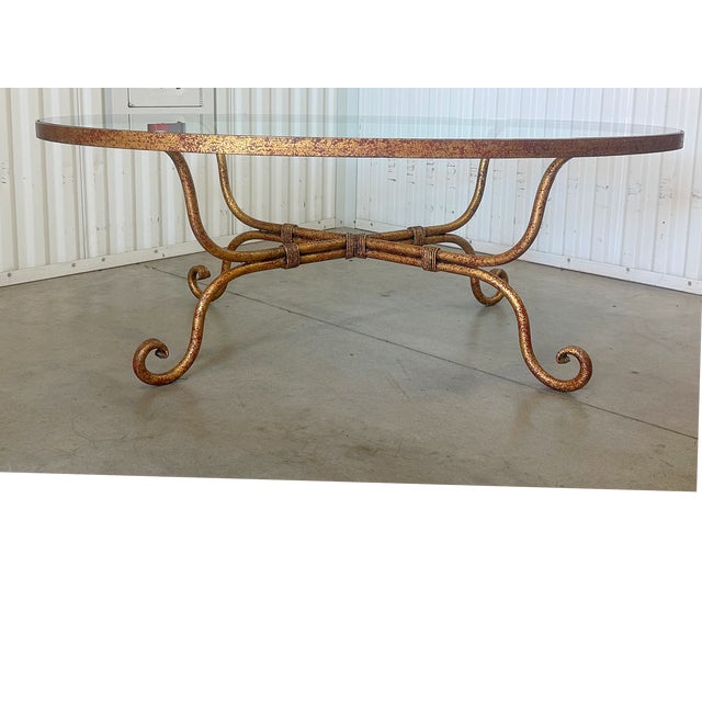 Late 20th Century Hollywood Regency Gilt Wrought Iron Glass Top Oval Cocktail Table For Sale - Image 10 of 16