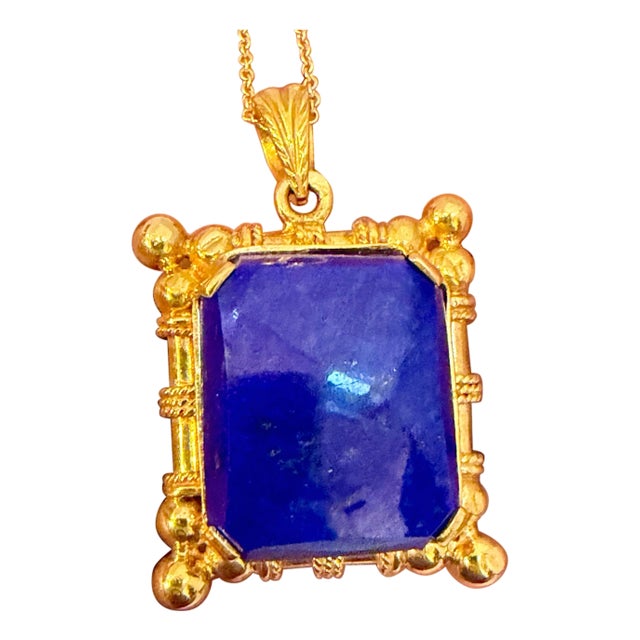 25 Carat Lapis Lazuli Pendant in 22 Karat Gold Frame, 15.9 Gm, 16-18" Chain For Sale
