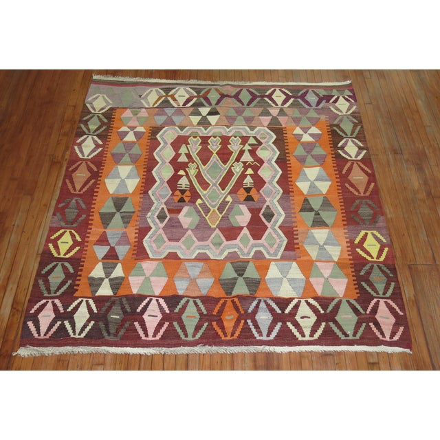 Asian Antique Mid-20th Century Square Geometric Turkish Kilim For Sale - Image 3 of 7