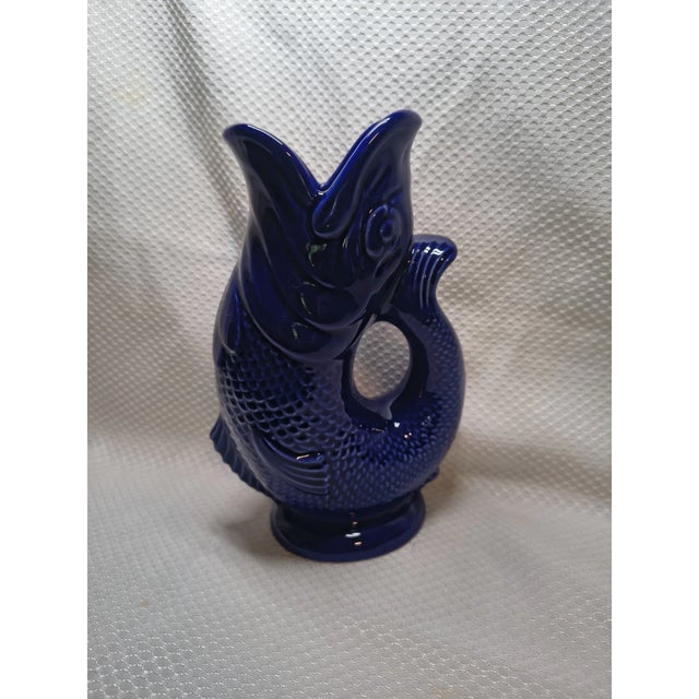 Mid-Century Modern Vintage MCM Wade Ceramics Cobalt Blue Gluggle Jug Fish Pitcher Vase For Sale - Image 3 of 7