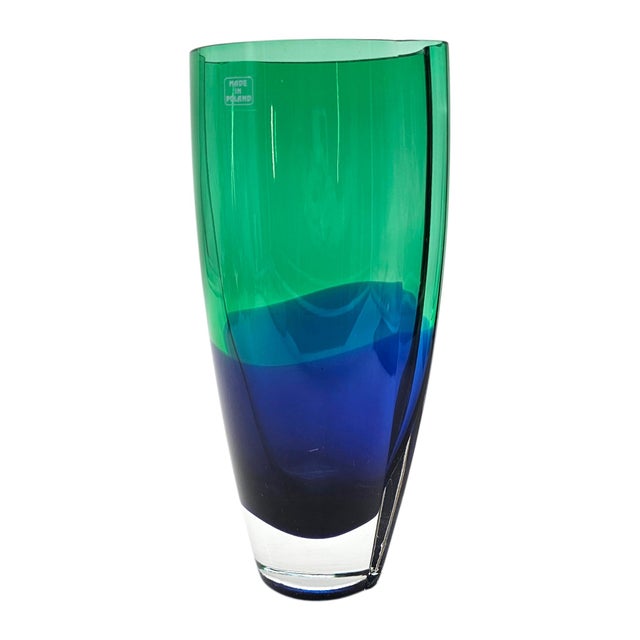 Krosno Polish Art Glass Vase Green Over Blue Cased Modernist Form 11.5" For Sale - Image 9 of 14