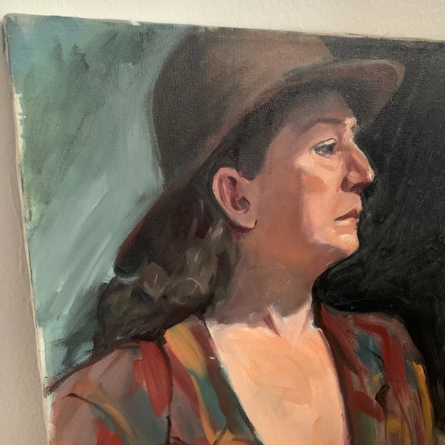 Vintage Modern Realist Signed Portrait Painting of a Woman Wearing a Hat For Sale - Image 4 of 13