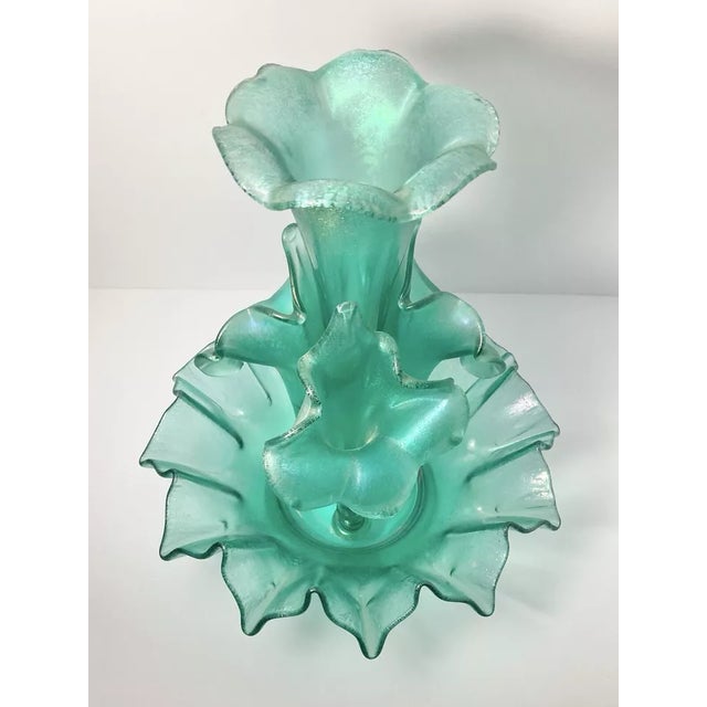 1994 Fenton Stiegal Iridescent Stretch Green 4-Horn 5-Piece Epergne Vase 7601 The item is in overall good vintage...