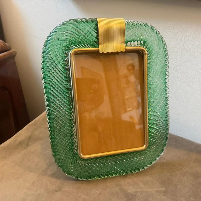 A Barovier Style Art Deco Green Murano Glass and Brass Italian Picture Frame For Sale - Image 6 of 11