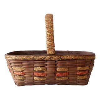 Vintage Woven Gathering Basket For Sale