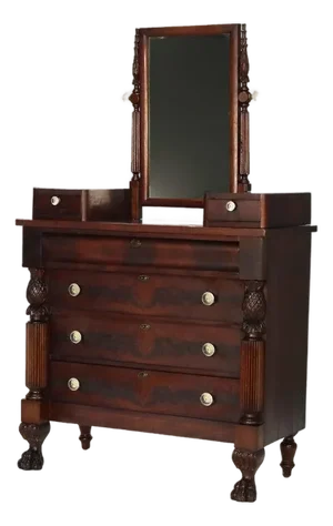 Antique Empire Neoclassical Carved Flame Mahogany Claw Foot Dresser C1890