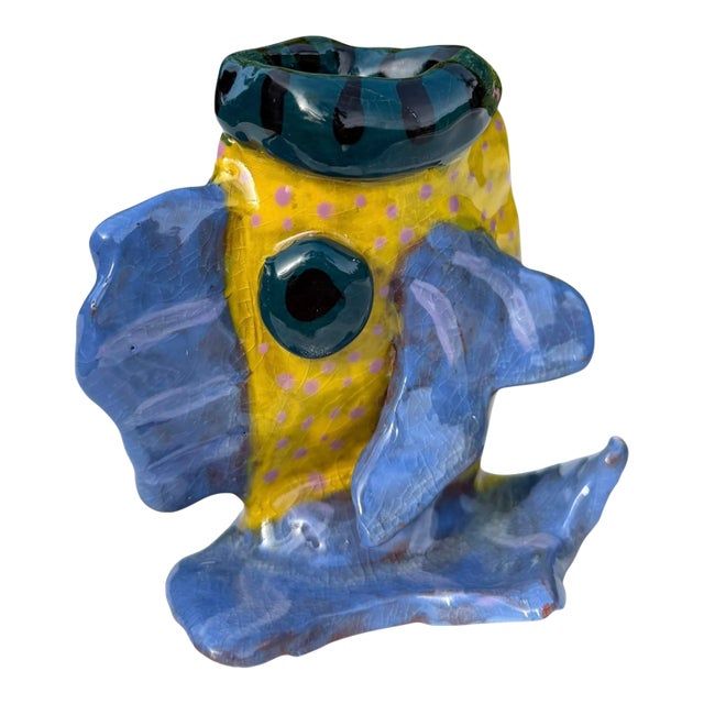Vintage Handcrafted 4” Crackle Glazed Tropical Fish Art Pottery Vase For Sale