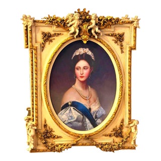 French Baroque Portrait Painting – Elegant Woman With Cherubs & Ornate Gold Leaf Frame For Sale