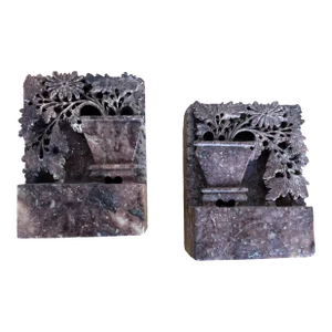 Hand Carved Soapstone Asian Bookends - A Pair