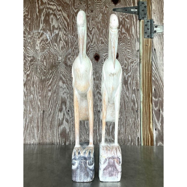 Vintage Boho Carved Wood Crane Statues - a Pair For Sale - Image 9 of 10