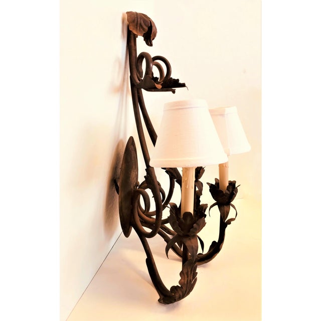 Vintage French Country Bronze 3Candle Wall Sconces With White Linen