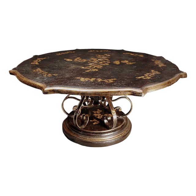 Victorian Style Vintage Black & Gold Hand-Painted Iron & Wood 6- Seater Dining Table For Sale