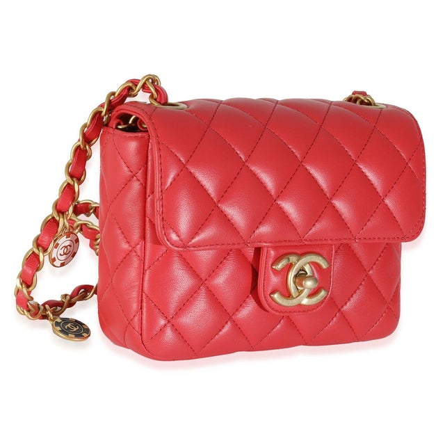 Traditional Red Quilted Lambskin Coco Pins Mini Flap Bag For Sale - Image 3 of 9