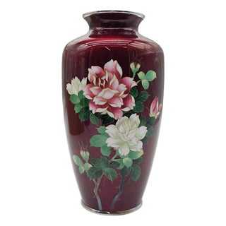 Signed Ando Jubei Japanese Cloisonné Pigeon Blood Red Peony Vase 10" For Sale