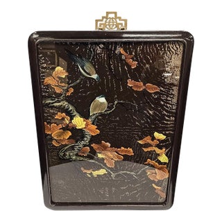 Large Vintage Chinoiserie Black Lacquer & Gold Bird Wall Plaque For Sale