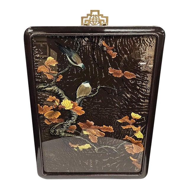 Large Vintage Chinoiserie Black Lacquer & Gold Bird Wall Plaque For Sale