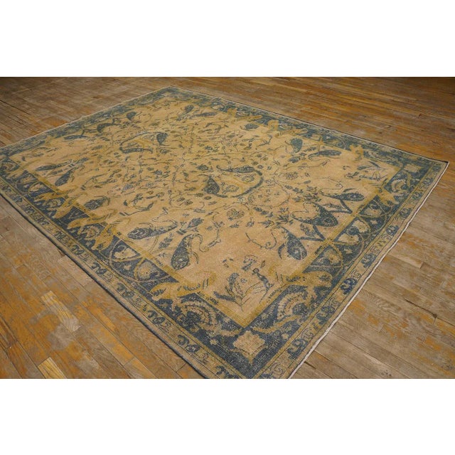 Extraordinary Tan Beige and Blue Color With Symetric Florid Antique Indian Rug For Sale - Image 10 of 12