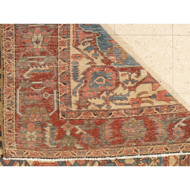 Antique Persian Serapi Handmade Light Blue, Ivory & Rusty Red Rug For Sale - Image 11 of 12