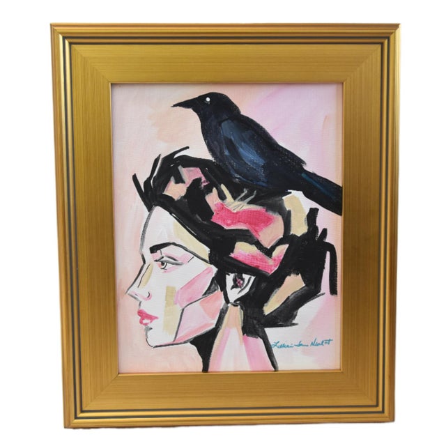 2020s Woman Portrait W/ Black Crow Painting Including the Antiqued Gold Wood Frame For Sale - Image 5 of 5