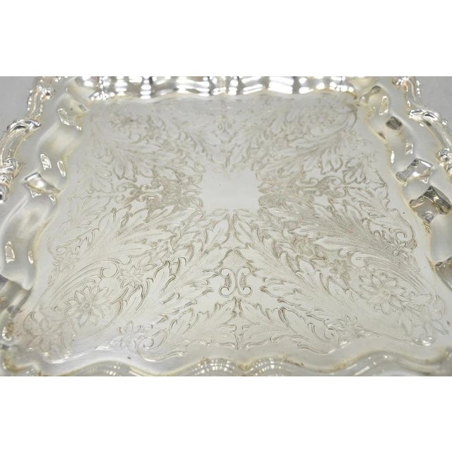 Metal Vintage English Silver Mfg. Silver Plated Ornate Square Bar Serving Platter Tray For Sale - Image 7 of 14