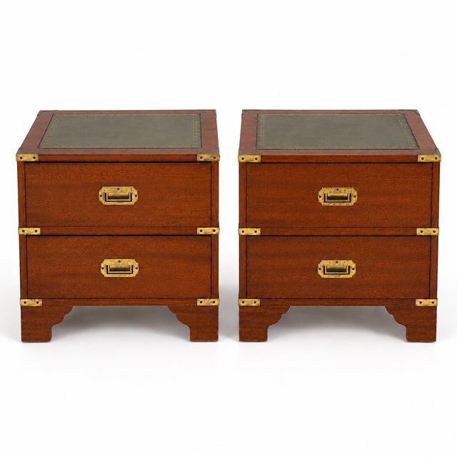 1960s Mid-Century English Mahogany Campaign & Tooled Leather Side Tables / Chests - Pair For Sale - Image 5 of 5
