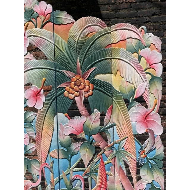 Original 1950s MCM Hand Painted Flamingo Tropical 5 Panel Carved Wood Room Divider For Sale In Cleveland - Image 6 of 14