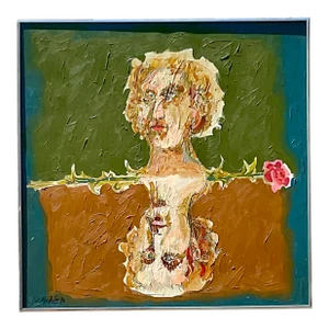 Late 20th Century Vintage Boho Abstract Figural Oil on Canvas Original Painting, Framed