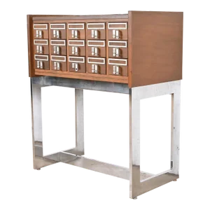 Mid-Century Modern Walnut and Chrome 15-Drawer Library Card Catalog