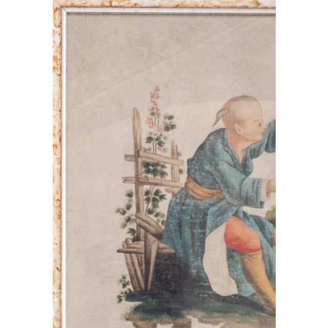 Wood 19th Century French Chinoiserie Chinese Export Style Watercolor Painting For Sale - Image 7 of 18