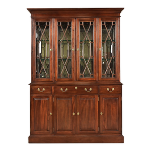 Ethan Allen Knob Creek Georgian Carved Mahogany Lighted Breakfront Bookcase Cabinet
