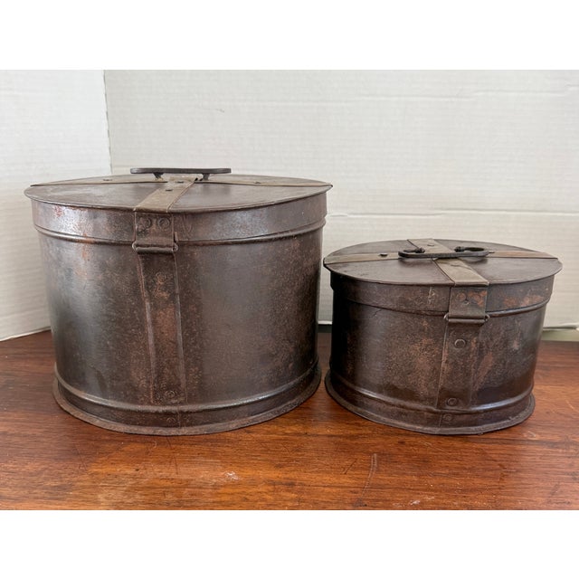 Late 19th or Early 20th Century Antique Hammered Metal Hat Boxes, Hinged Lids with Coper Bands. Capable of Locking. No...