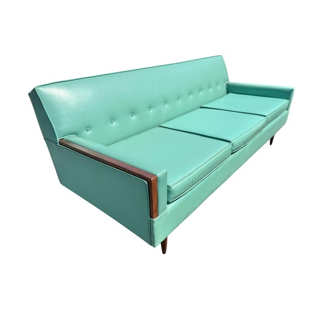 1960s Mid-Century Modern Turquoise & Walnut Sofa For Sale - Image 5 of 6