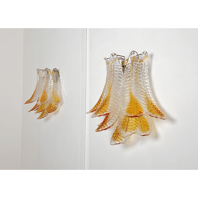 Mid-Century Modern Italian Amber Murano Glass Felci Wall Sconces, 1990s, Set of 2 For Sale - Image 3 of 16