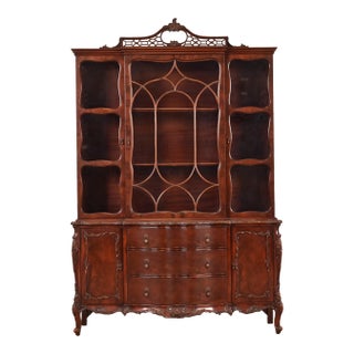 Romweber Antique French Provincial Louis XV Carved Mahogany Breakfront Bookcase Cabinet, Circa 1920s For Sale