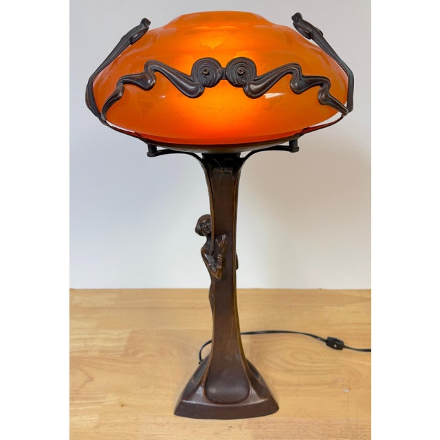 Art Nouveau Style Figural Bronze Lamp Loetz Style Orange Art Glass Shade, 20th C For Sale - Image 11 of 18