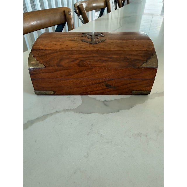 Traditional Vintage Barrel Topped Wooden Box With Brass Anchor Inlay For Sale - Image 3 of 5