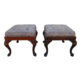 Blue-Gray Paisley Print Upholstered Queen Anne Style Footstools For Sale