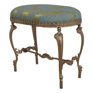 French Louis XIV Damask Upholstered Metal Base Ottoman For Sale