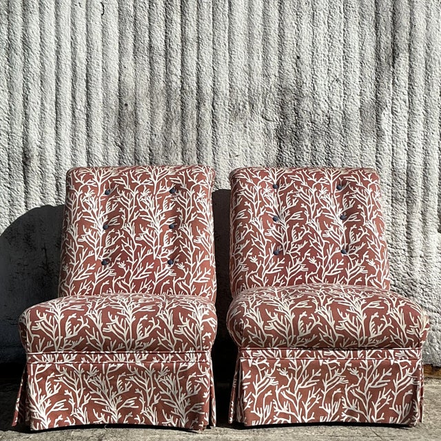 Wood Vintage Coastal Tufted Coral Print Slipper Chairs - a Pair For Sale - Image 7 of 8