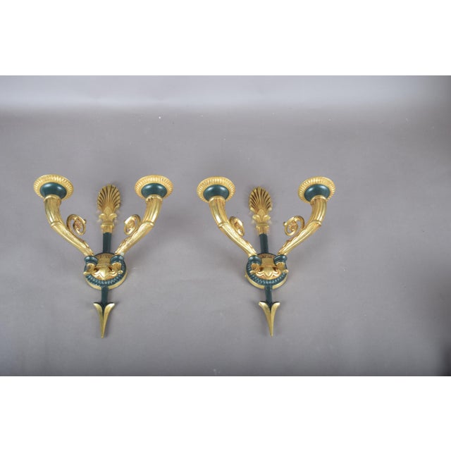 Gold Gilt Bronze Double-Arm Wall Sconces with Frosted Glass Shades, 1950s, Set of 2 For Sale - Image 8 of 18